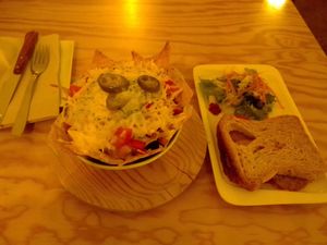 Full nachos ("meat" and all) and tempeh sandwich at Entre Pedras in Santiago De Compostela