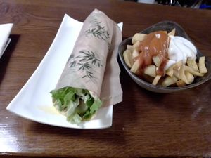 Patatas bravas and tofu & olivada durum at Entre Pedras in Santiago De Compostela