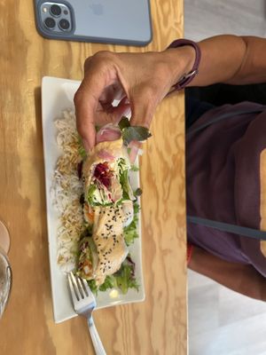 Rice paper veggie rolls with peanut spread and feta cheese   at Entre Pedras in Santiago De Compostela