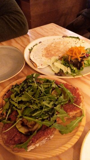 Tostas con pesto de tomates secos y quesadilla picante.  at Entre Pedras in Santiago De Compostela