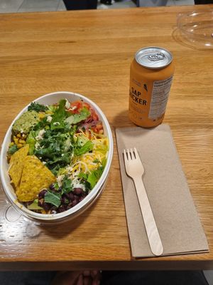 Chipotle bowl w. Chicken and peach flav. soda (that is more like a "bubble water" with flavor. Can't remember what it's called in eng 😅) both were really good! at Sorry I've Got Plants in Toronto