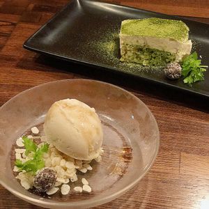 Soymilk icecream and tofu based matcha tiramisu at Organic Plus in Sapporo