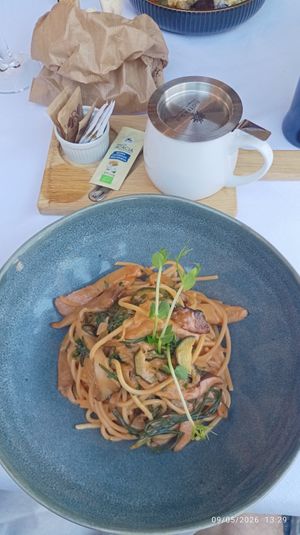 Spaghetti with mushrooms and vegetables that wasn't originally vegan. at Caprice Ristorante Pizzeria in Bardolino
