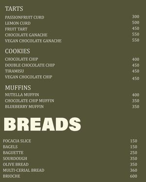 Menu (vegan desserts!) at Knead Artisanal Bakery in Nairobi