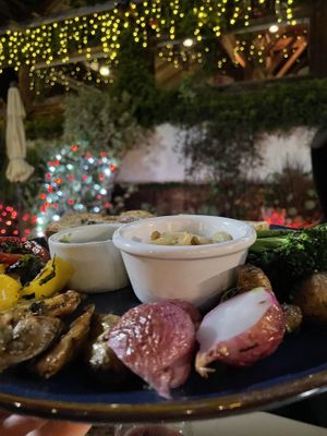 Meze Plate. Get it without the Green Goddess dressing to be vegan   at Robin's Restaurant in Cambria