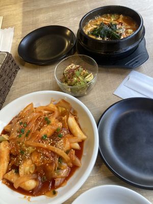 Teokbokki and tofu soup (not that spicy)  at Green Green Korean Dining in Tokyo