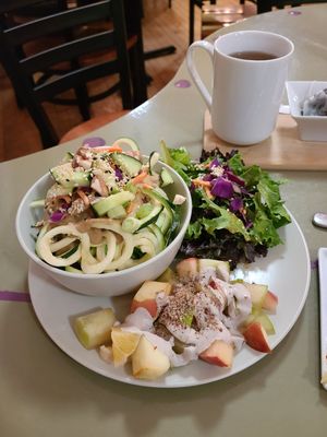 "Pad Thai" with side salad and fruit salad at Healthy Sins Vegan Cafe in Lockport