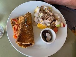 Lunch portion - cheesesteak and fresh fruit salad with out of this world drizzle. at Healthy Sins Vegan Cafe in Lockport