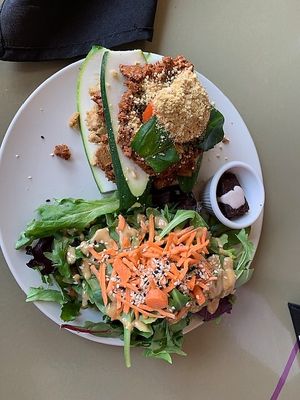 Lasagna with side salad. at Healthy Sins Vegan Cafe in Lockport