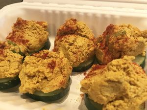 Deviled Eggs in compostable to go container at Healthy Sins Vegan Cafe in Lockport