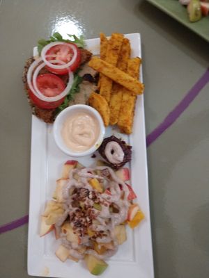 Burger and fries at Healthy Sins Vegan Cafe in Lockport