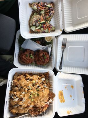 Thai pizza, sloppy joe, and full size nachos  at Healthy Sins Vegan Cafe in Lockport