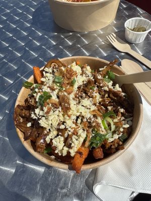 Sweet Potato Fries and Mock/Fake Duck   at Soulful Bowl in Wiltshire