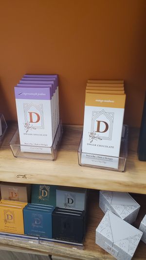 Section with flavored vegan chocolate bars at Dwaar Chocolate in Keego Harbor