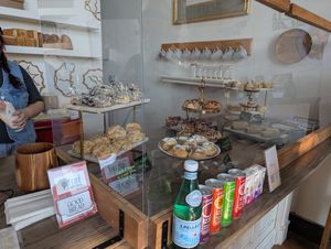 Their pastry cabinet with scones, sausage rolls, cinnamon rolls, and even (similar but legally distinct) pop tarts! at Good Bread For All in Fort Wayne