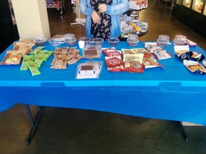 Vegan Jerky Taste off samples table. Delicious samples of various vegan jerky sold in store. Who knew there were so many, and so good  at Animal Place's Vegan Republic in Berkeley