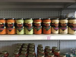 So many vegan pasta sauces! at Animal Place's Vegan Republic in Berkeley