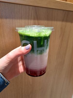 Strawberry matcha latte at Chun Café Berenstraat in Amsterdam