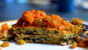 Chickpea pancakes stuffed with veggies and topped with tomato chutney at Lo Que Hay Cafe in Merida