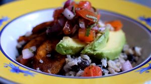 Cuban bowl with black beans and coconut rice at Lo Que Hay Cafe in Merida