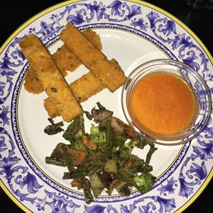 Polenta and grilled veggies, tomato sauce at Lo Que Hay Cafe in Merida