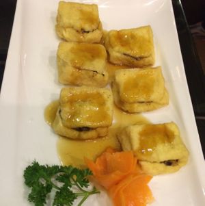 A unique stuffed tofu with veg pork and veggies at Nha Hang Chay Thien Phat in Hanoi