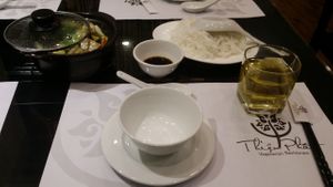 Tofu and vegetable hot pot style dish with rice noodles at Nha Hang Chay Thien Phat in Hanoi