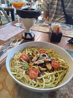 Pesto pasta with mushrooms at Pure Earth Botanicals in Cape Town