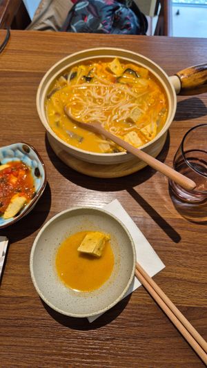 Soymilk hotpot with tofu, wood ear mushroom and rice noodles. at Hermit's Cafe 尚隱植物料理 in Hangzhou