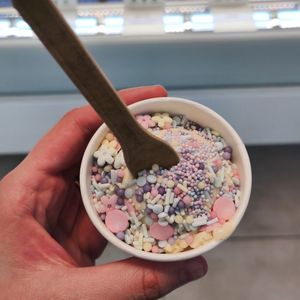 Eine Kugel Vanilleeis mit bunten Streuseln at Eisgarten in Jena