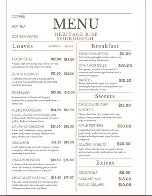 Menu  at Heritage Rise Sourdough in Elk Grove