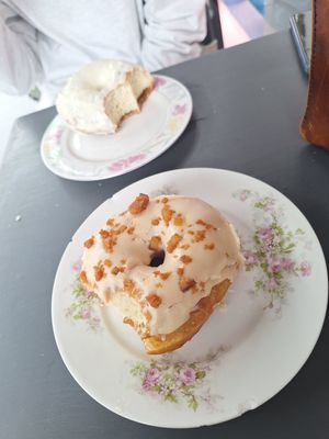 Maple bacon donut and white chocolate donut! at Kiji Donuts in Lyon