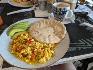 Platito de pueblo - scrambled tofu with homemade tortilla. at Como En Mi Casa in Puerto Viejo De Talamanca