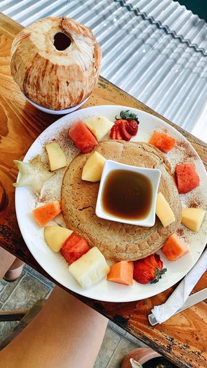 Vegan pancakes with fruit so yum! at Como En Mi Casa in Puerto Viejo De Talamanca