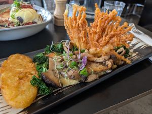 Medley Mushroom with a hashbrown. September 2025. at The Spotted Owl Cafe in Sunbury
