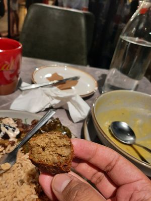 Look how brown the falafel is! No bland green-looking falafel here! So crispy on the outside yet no graininess on the inside... and it's spiced perfectly 😩😋 at Ayat - Bushwick in Brooklyn