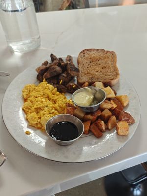 Lion's mane steak, tofu, potatoes, and toast at Borage  in Speedway