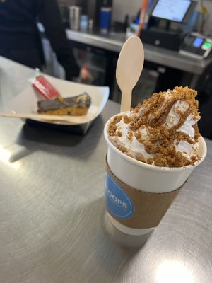 Hot chocolate (biscoff) with a jaffa cake dessert   at Extra Scoops in Herne Bay