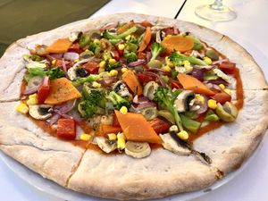 Vegan pizza (they don’t have vegan cheese but still yummy)  at La Gustera in Gran Canaria