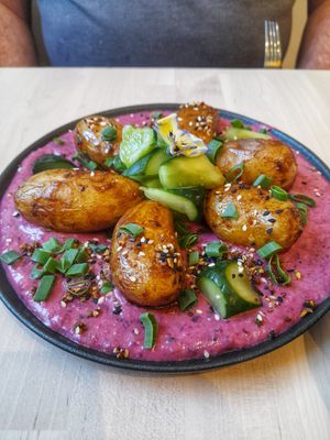 Baked potato with beetroot and bean sauce, delicious! at Colibri in Vilnius