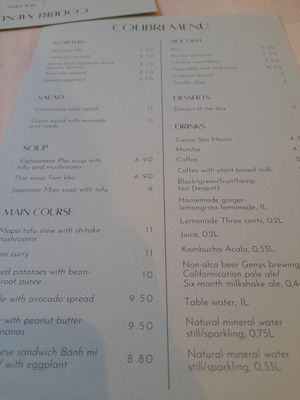 The menu at Colibri in Vilnius