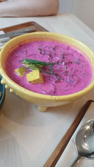 Pink soup with tofu at Colibri in Vilnius