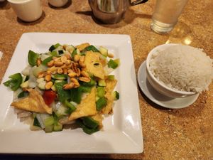 Kung pao tofu with side of white rice at Chen's Family Dish in Roseburg
