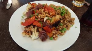 Freekeh with roasted veg at Hashachen Bistro in Tel Aviv