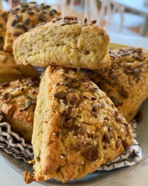 Our delicious home made cheez & olive scone. Scone offerings vary daily. Sit in or take away. at The Wren in Saltburn-by-the-sea