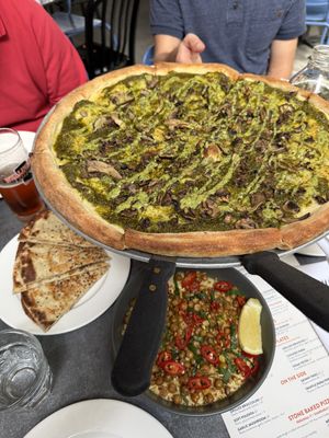 Green Machine Pizza and Chickpea and sesame dip with pitaa  at Bardō - Guelph in Guelph