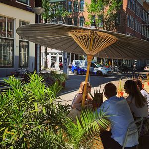 Seven meters of terrace communal table. at Mondo Mediterraneo in Amsterdam