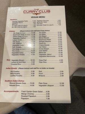 ask for the vegan menu  at Curry Club in East Setauket