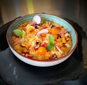 Risotto * pompoen * saffraan * rode peen * amandel * mais crunch at Katz in Ruurlo