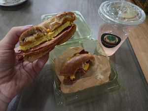 Ham egg & cheese on a sundried tomato bagel at Elmwood Cafe - Cloud Kitchen in Lake Oswego